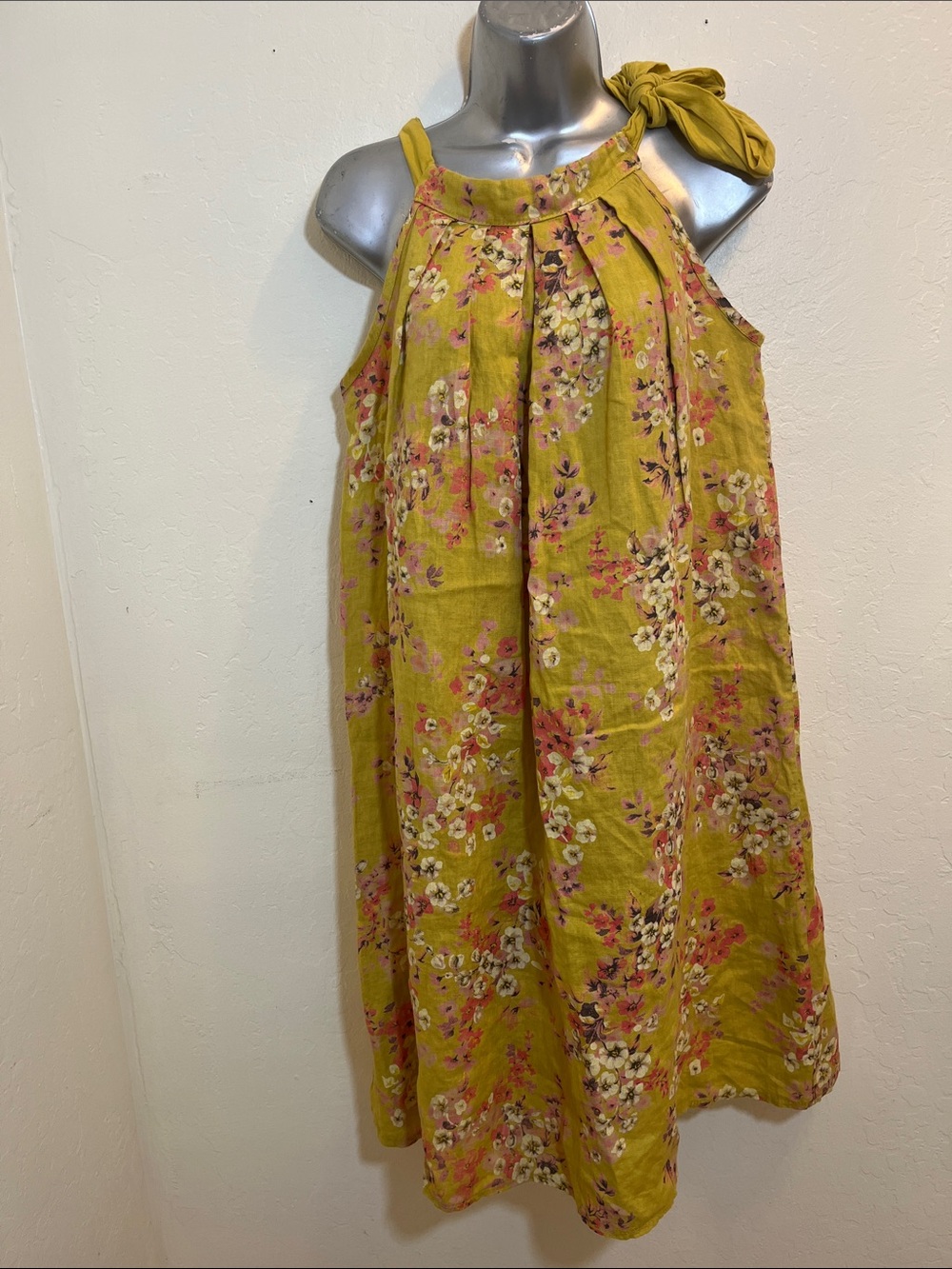 Floral Halter Midi Dress in Mustard Yellow 100% Linen .100% Cotton Size S
